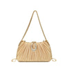 A gold-toned rhinestone evening clutch bag with a long chain strap and a pleated texture.