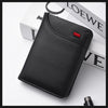 A black slim bi-fold wallet for men with multiple card slots resting on a white surface.
