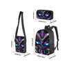 A black cartoon mechanical robot school backpack set with glowing blue accents shown in various dimensions.