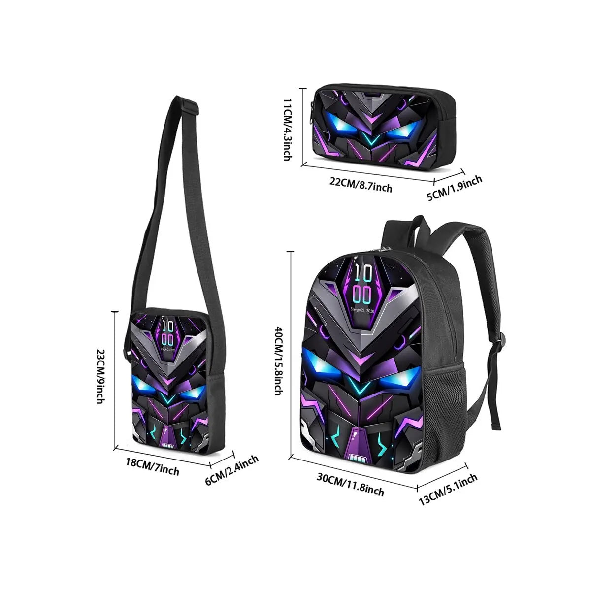 A black cartoon mechanical robot school backpack set with glowing blue accents shown in various dimensions.