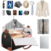 A collection of foldable multi-function garment duffle bags and accessories for travel.