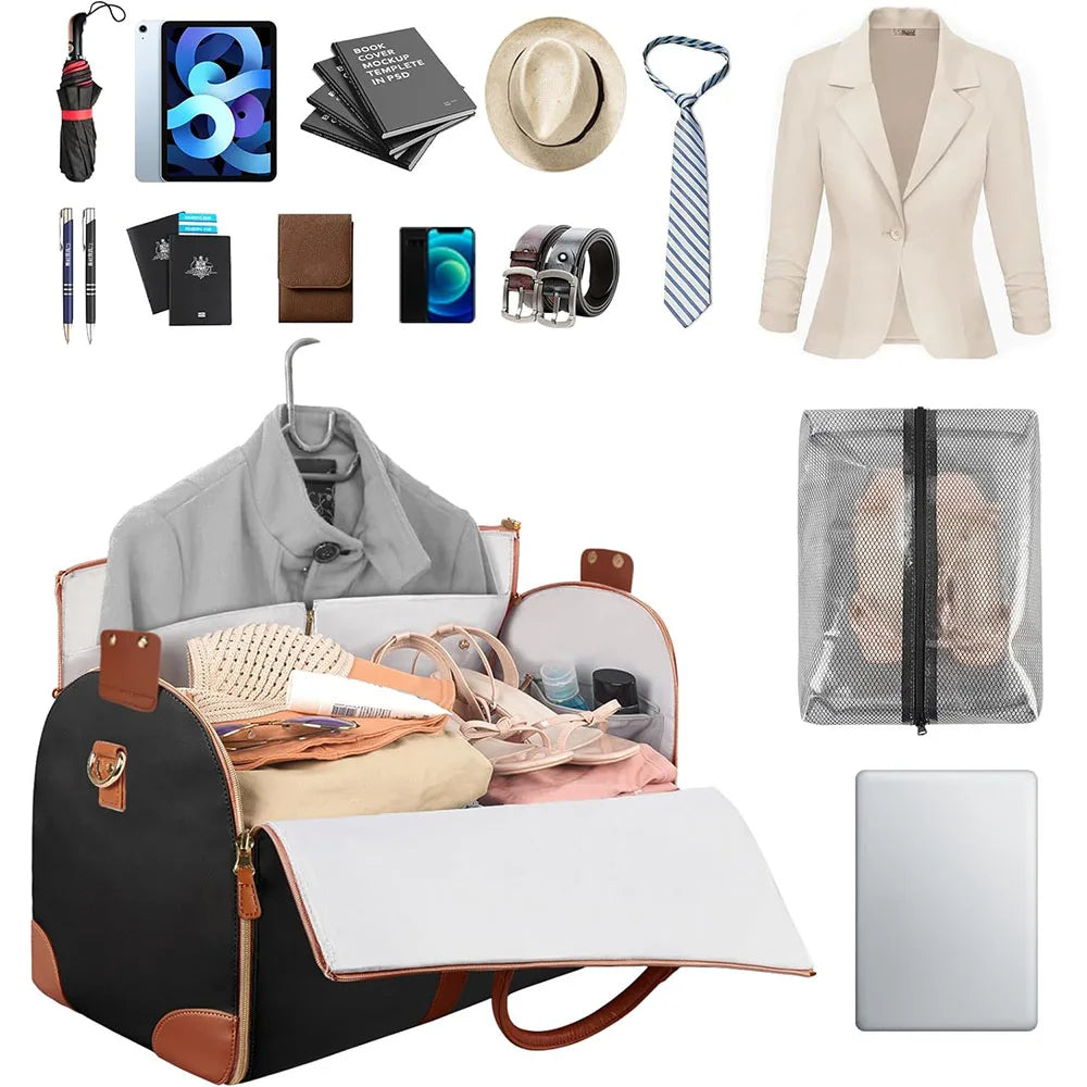 A collection of foldable multi-function garment duffle bags and accessories for travel.