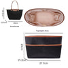 A tan leather tote bag organizer insert with a laptop sleeve shown alongside the exterior dimensions of the bag.