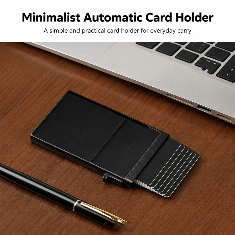 Porte-cartes portefeuille avec fond noir posé sur une surface en bois à côté d'un stylo.