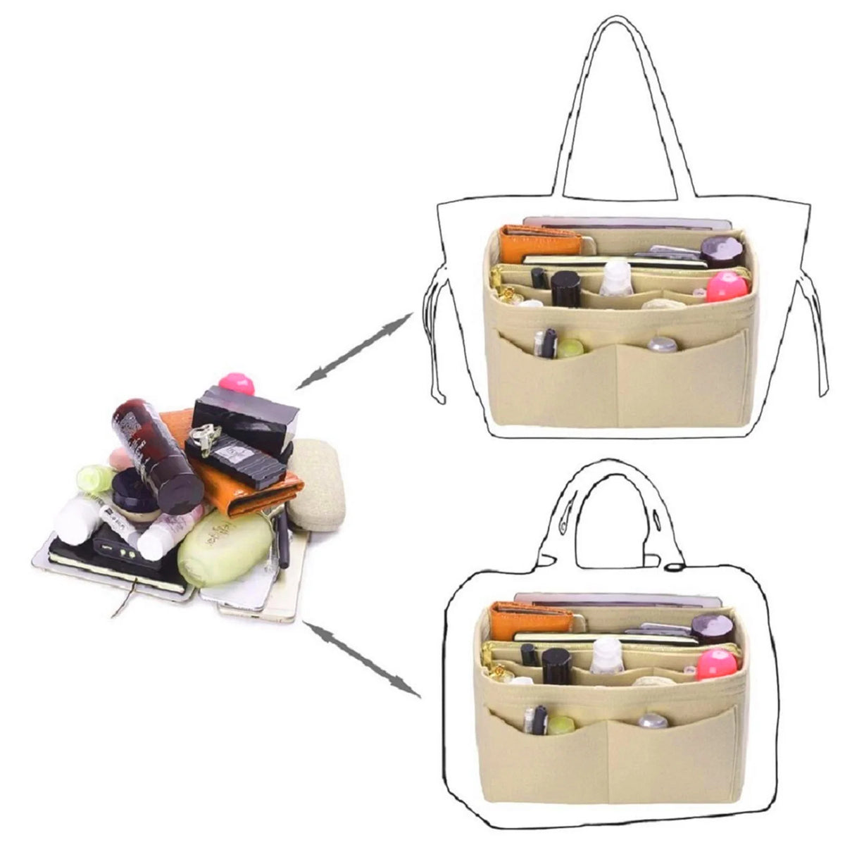 A beige felt purse organizer insert with multiple compartments for storing small items like makeup and accessories.