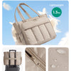 A beige insulated multi-pocket work tote with a laptop compartment shown against a light blue sky.