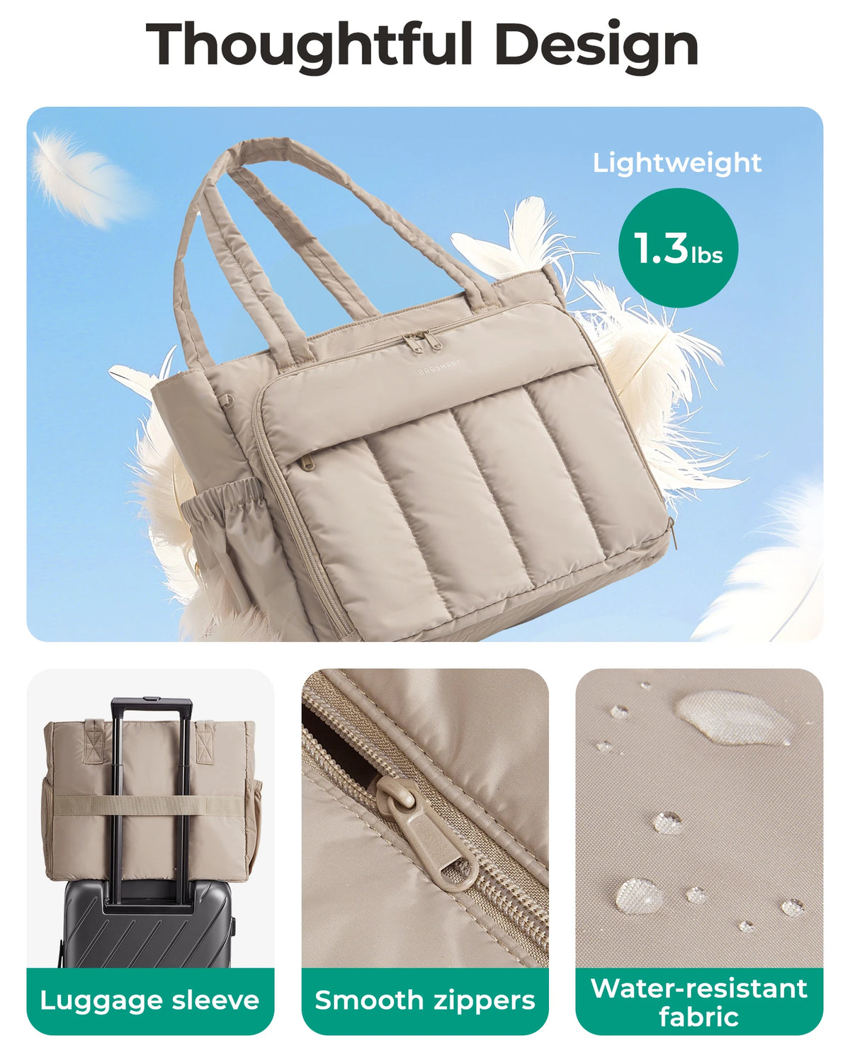 A beige insulated multi-pocket work tote with a laptop compartment shown against a light blue sky.