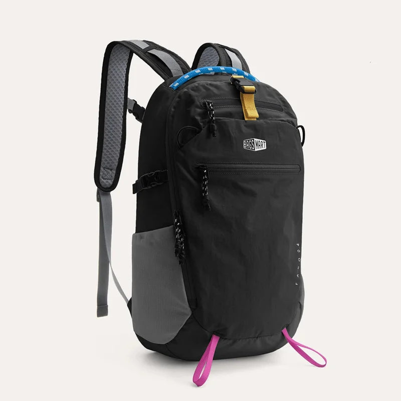 A black laptop backpack with gray accents and blue trim is shown against a white background.