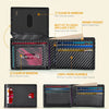 A black carbon fiber minimalist trifold wallet shown open with features like a clear ID window and money pocket.
