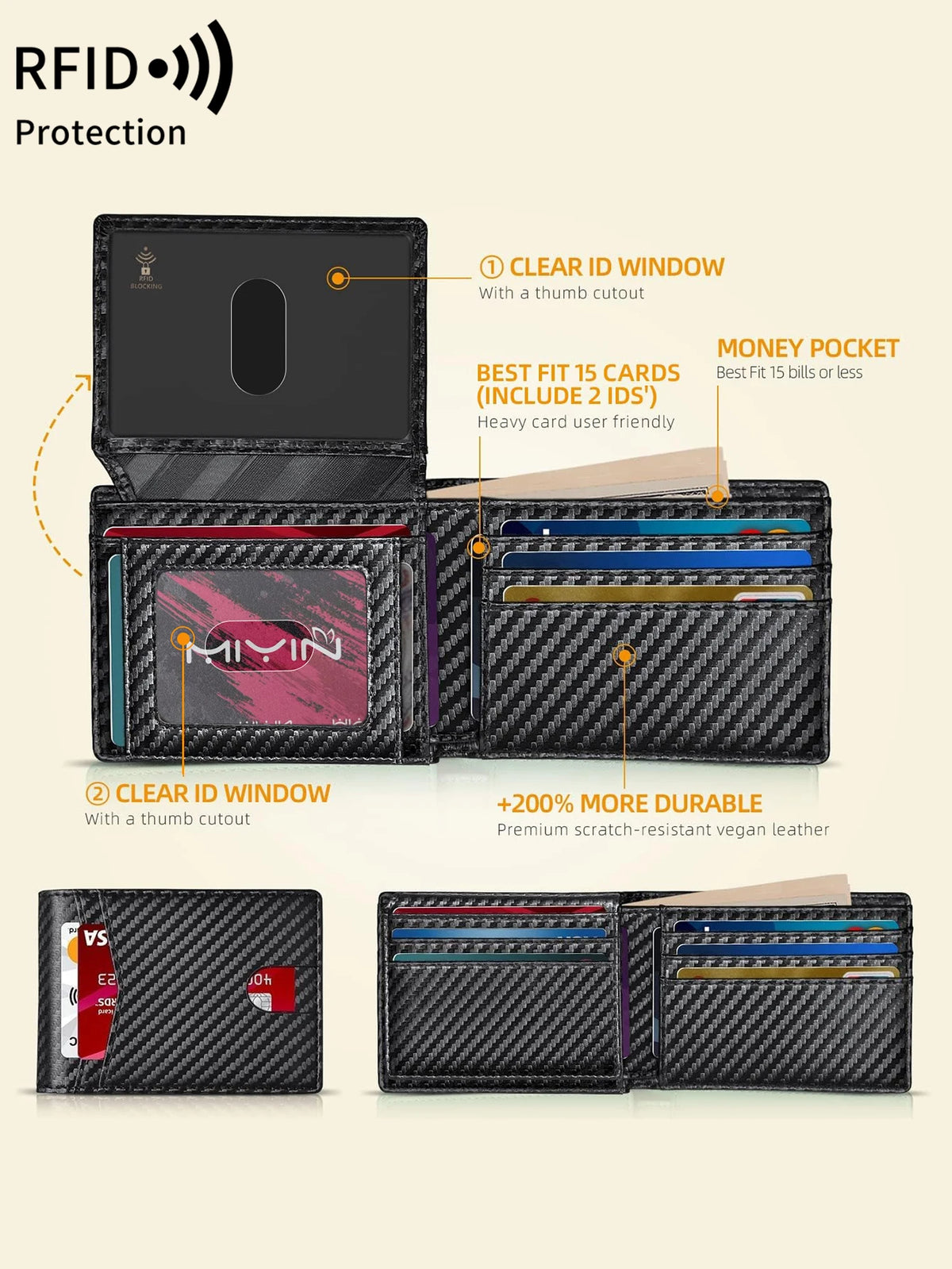 A black carbon fiber minimalist trifold wallet shown open with features like a clear ID window and money pocket.