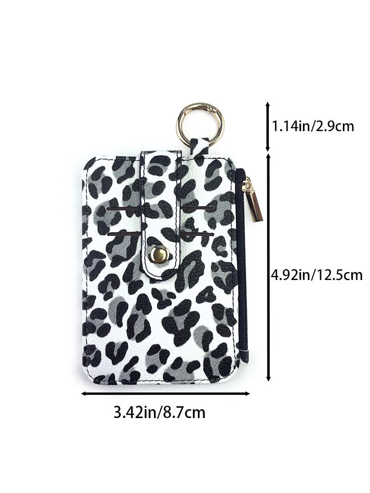 Schwarze und graue Leopardenmuster-PU-Leder-Karteinholder mit goldfarbener Schlüsselring.