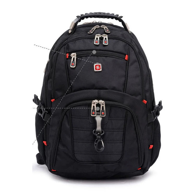 Mochila de viaje grande para hombre suiza negra con múltiples compartimentos y correas
