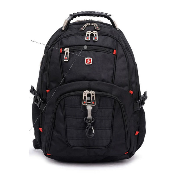 Black Swiss Men's large capacity travel backpack with multiple compartments and straps