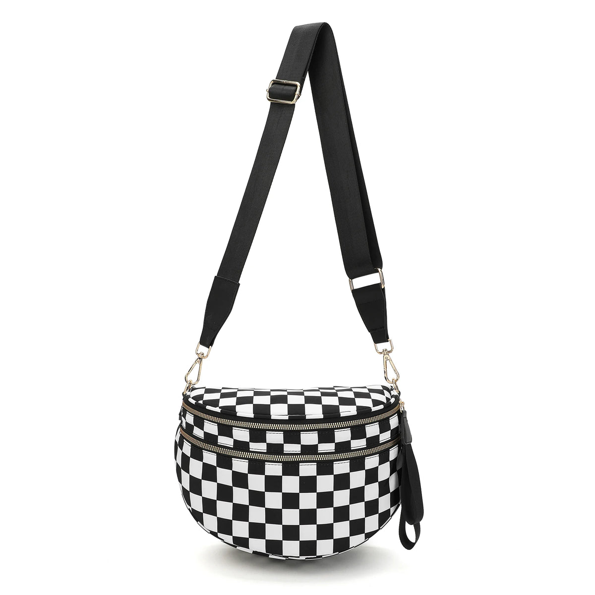 Black nylon crossbody bag with a black and white checkered pattern and black adjustable strap