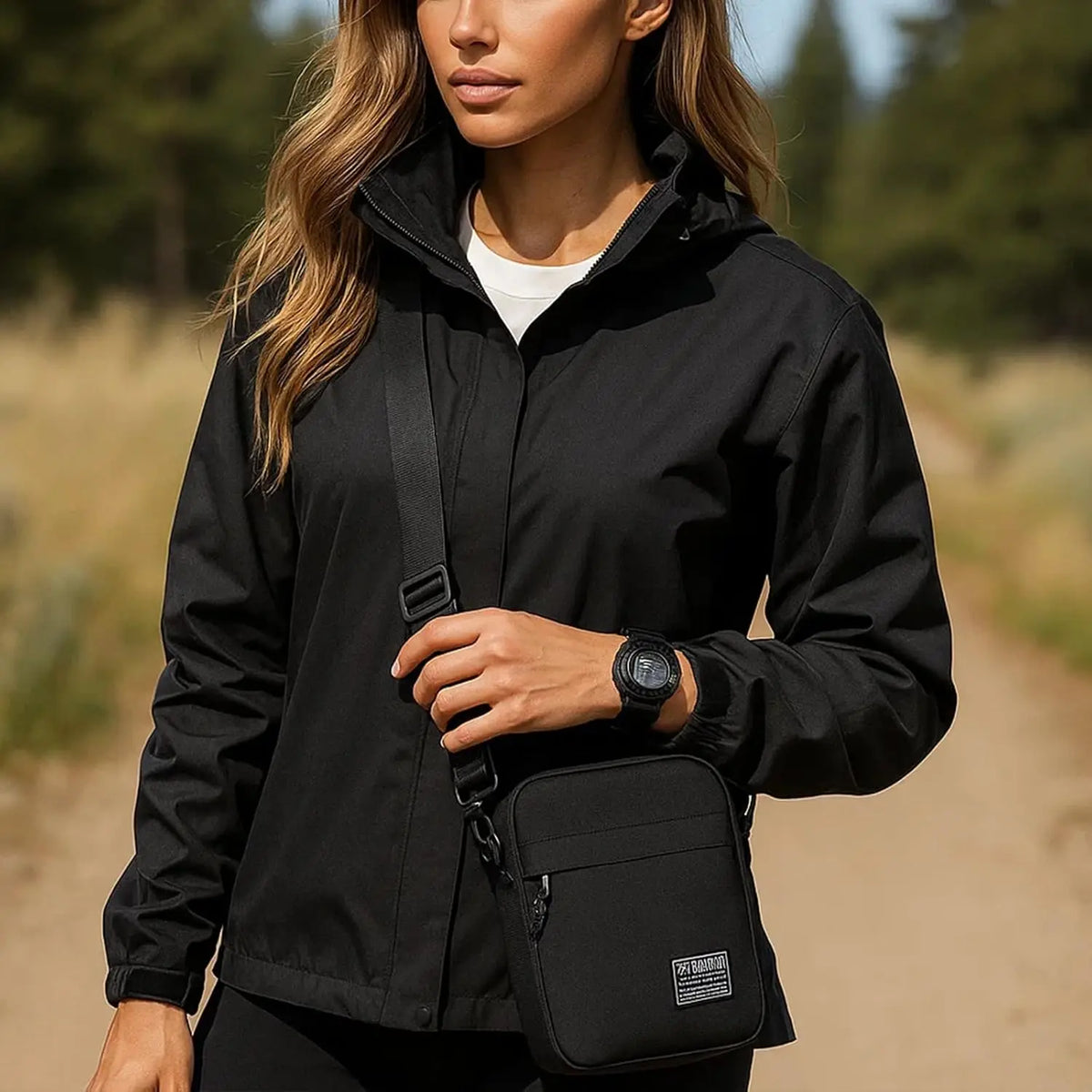A woman wearing a black lightweight nylon jacket and carrying a black compact crossbody sling bag.