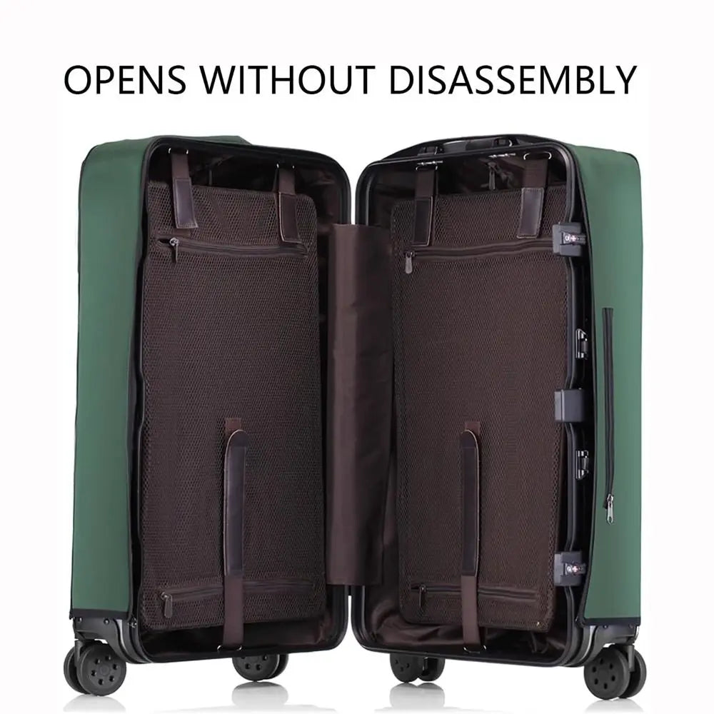 A dark green waterproof luggage protector cover opened without disassembly, showing the interior padding.