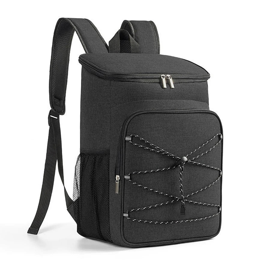 Black insulated lunch backpack with a waterproof oxford shell and adjustable straps