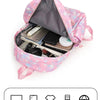 A pink nylon backpack set containing various stationery items like notebooks, pens, and tools.