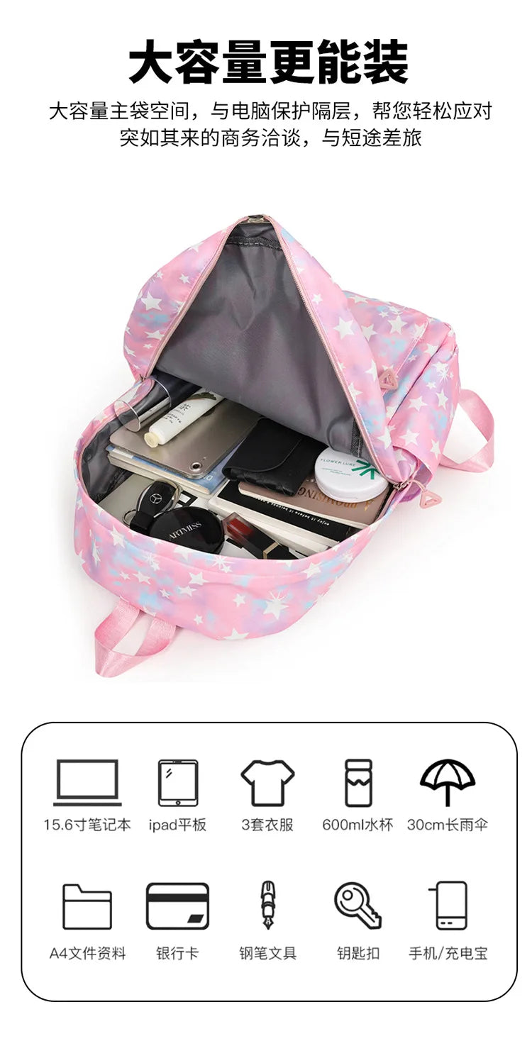 A pink nylon backpack set containing various stationery items like notebooks, pens, and tools.