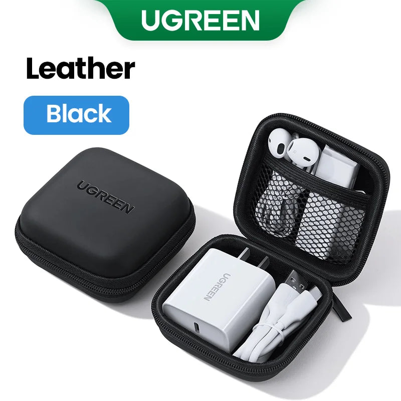 Estuche de cuero negro para AirPods y accesorios con inserto de malla.