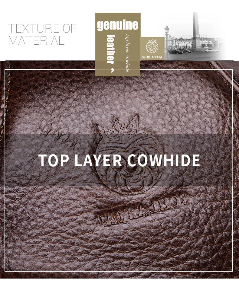 Close-up of genuine top layer cowhide leather texture on a brown messenger bag with an embossed design.