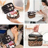A leopard print transparent makeup bag is shown open and closed, with various cosmetic items inside.