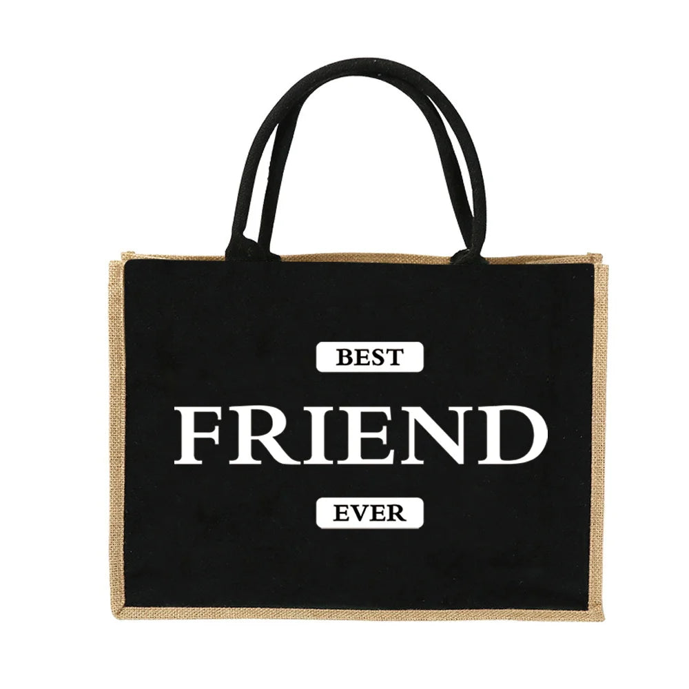 Schwarze Jute-Burlap-Tasche mit weißer Aufschrift „Best Friend Ever“