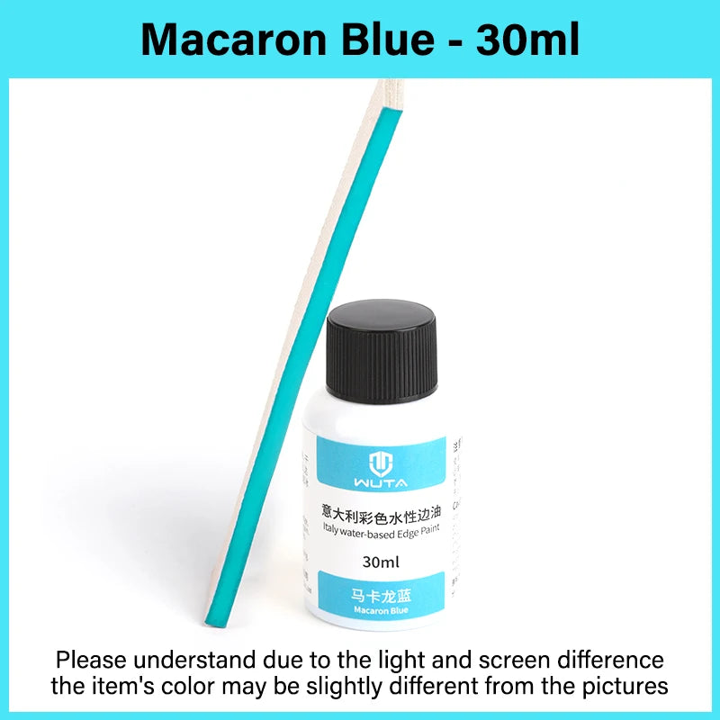 Bouteille de peinture Macaron Bleu 30ml avec applicateur en bois, sur fond blanc.