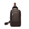 A brown men's crossbody bag featuring a geometric pattern and leather accents.