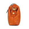 A brown genuine leather crossbody bag with a brass buckle closure and leather strap.