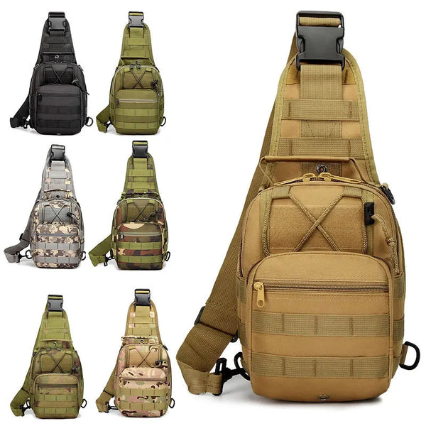 A collection of tan and olive green tactical sling backpacks shown from various angles.