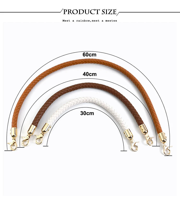 A set of replaceable leather bag handles in brown and white leather with metal buckles, shown at various sizes.