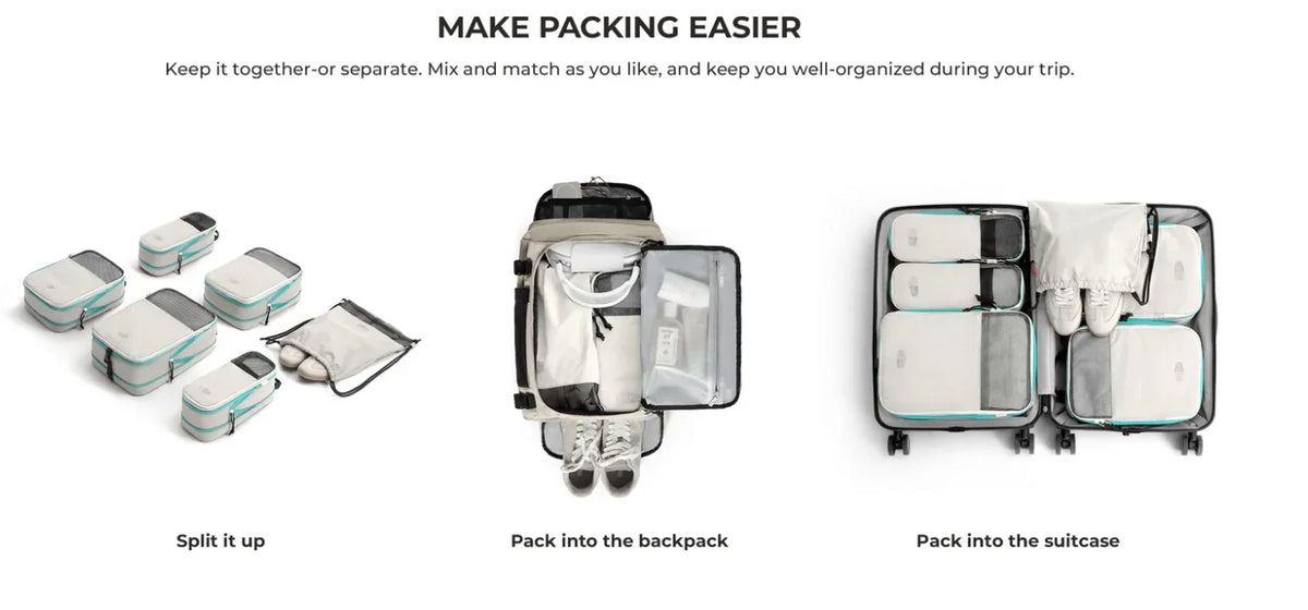 Three ways to pack items: split it up, pack into the backpack, and pack into the suitcase.