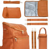 A tan leather diaper bag backpack with a matching fabric pouch and accessories.