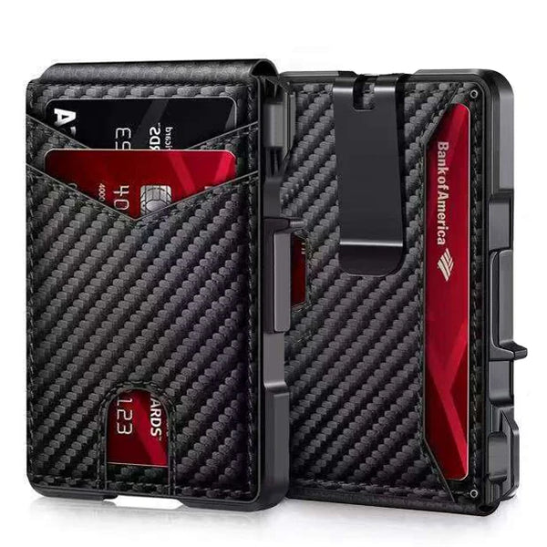 A black slim wallet with a textured pattern and a red card slot is shown.