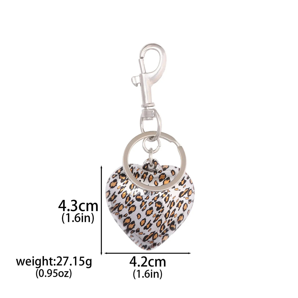 Silver keychain featuring a leopard print bow and heart charm.