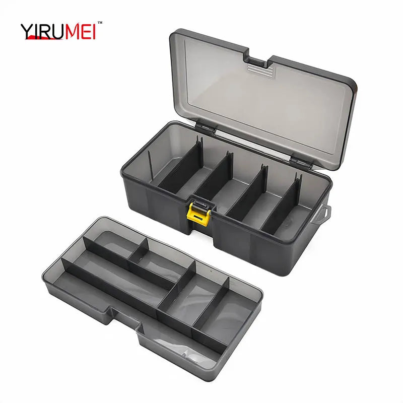 A black fishing tackle box with a hinged lid, showing multiple compartments for organizing fishing gear.