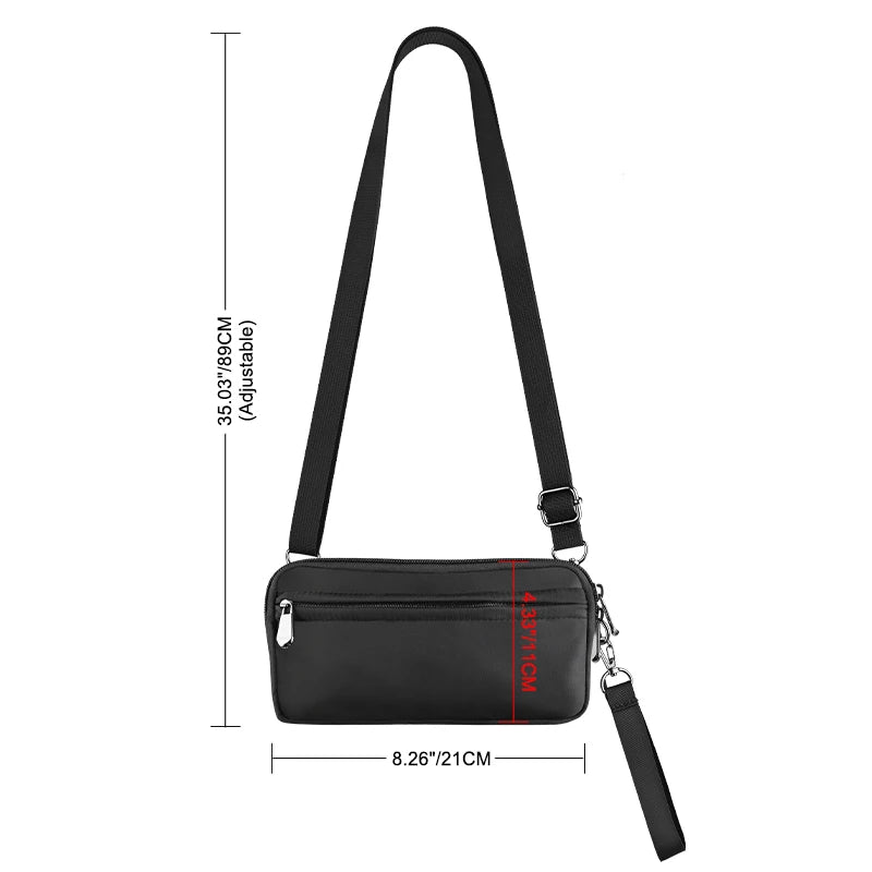 Black premium zipper phone pouch with an adjustable wrist strap shown from the side.