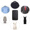 A collection of black and blue fabric clothes dust covers and storage bags shown in various forms.