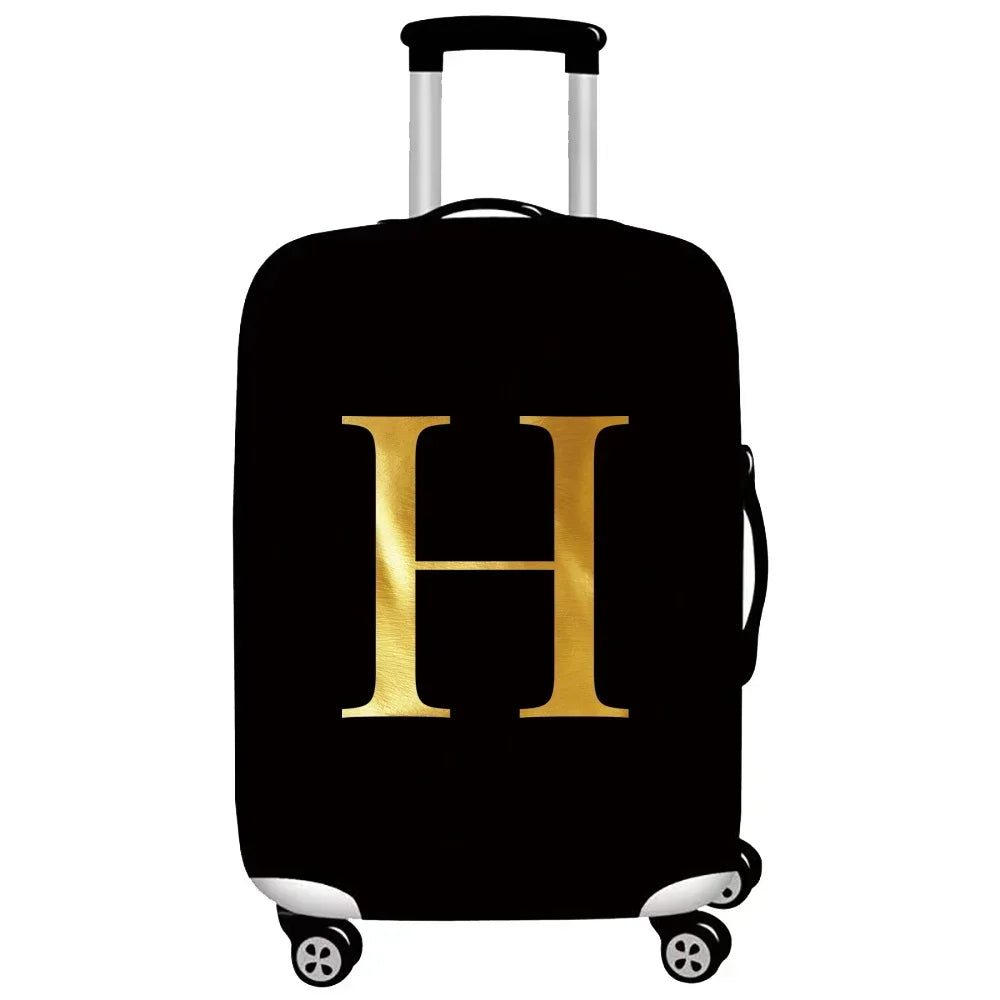 Black rolling suitcase with a gold letter H printed on the side.