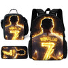 A black backpack set featuring a graphic of Cristiano Ronaldo with the number 7 and electric lightning effects.