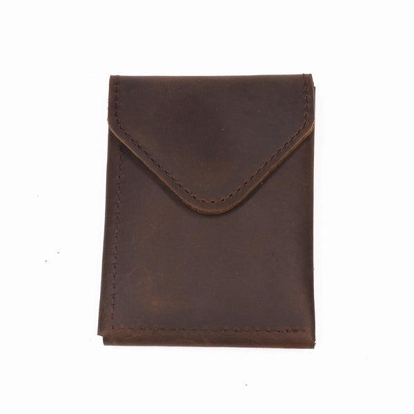 A dark brown genuine cowhide leather wallet folded and displayed against a white background.