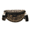 A black leopard print crossbody shoulder bag with gold hardware and a black strap.