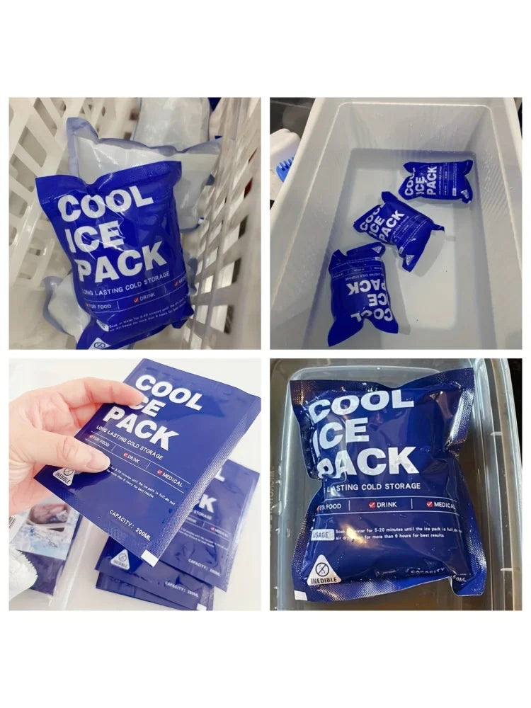 Packaged blue reusable ice packs for cold storage displayed in a white plastic container.