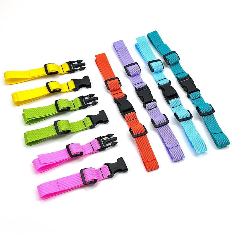 A collection of colorful adjustable tactical backpack chest strap harnesses in various shades of yellow, green, purple, and b