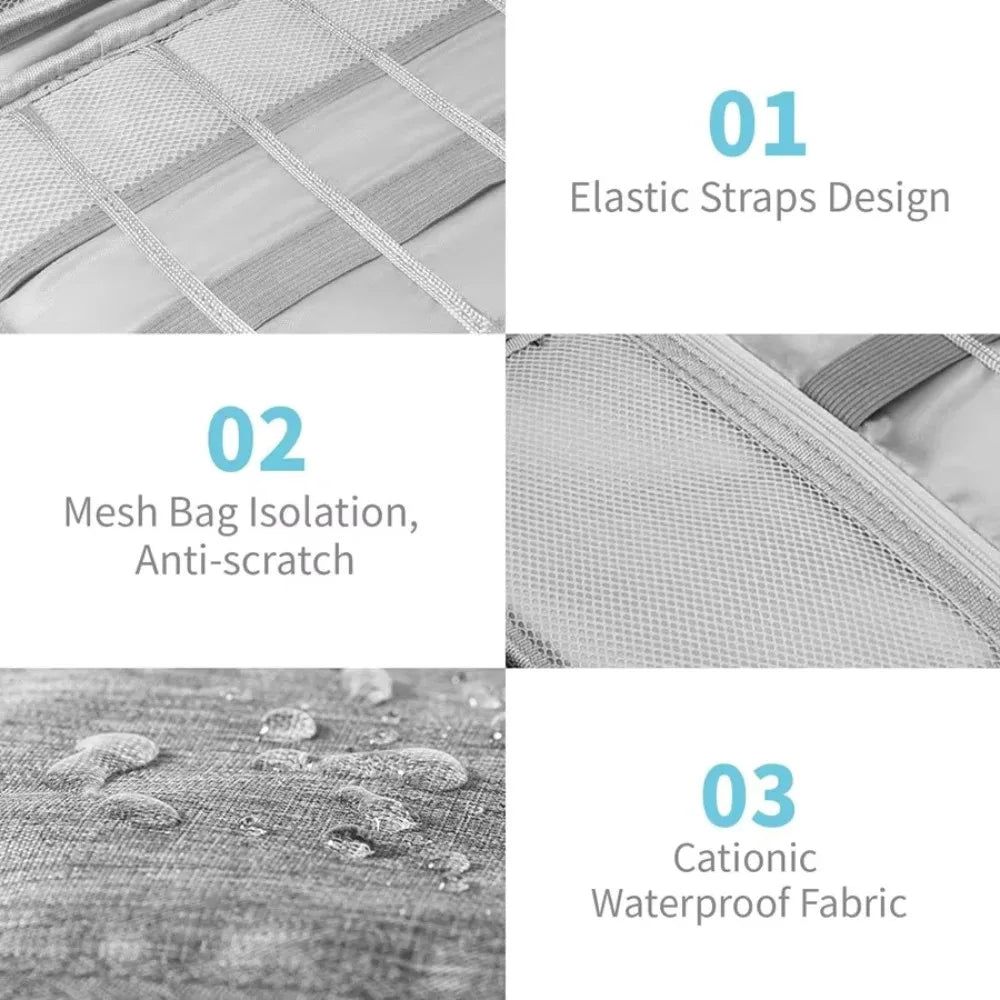 Three features of a travel cable organizer pouch: elastic straps design, mesh bag isolation, and cationic waterproof fabric.