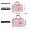 A pink quilted laptop sleeve with a green handle, shown in two sizes for 14 inch and 16 inch notebooks.