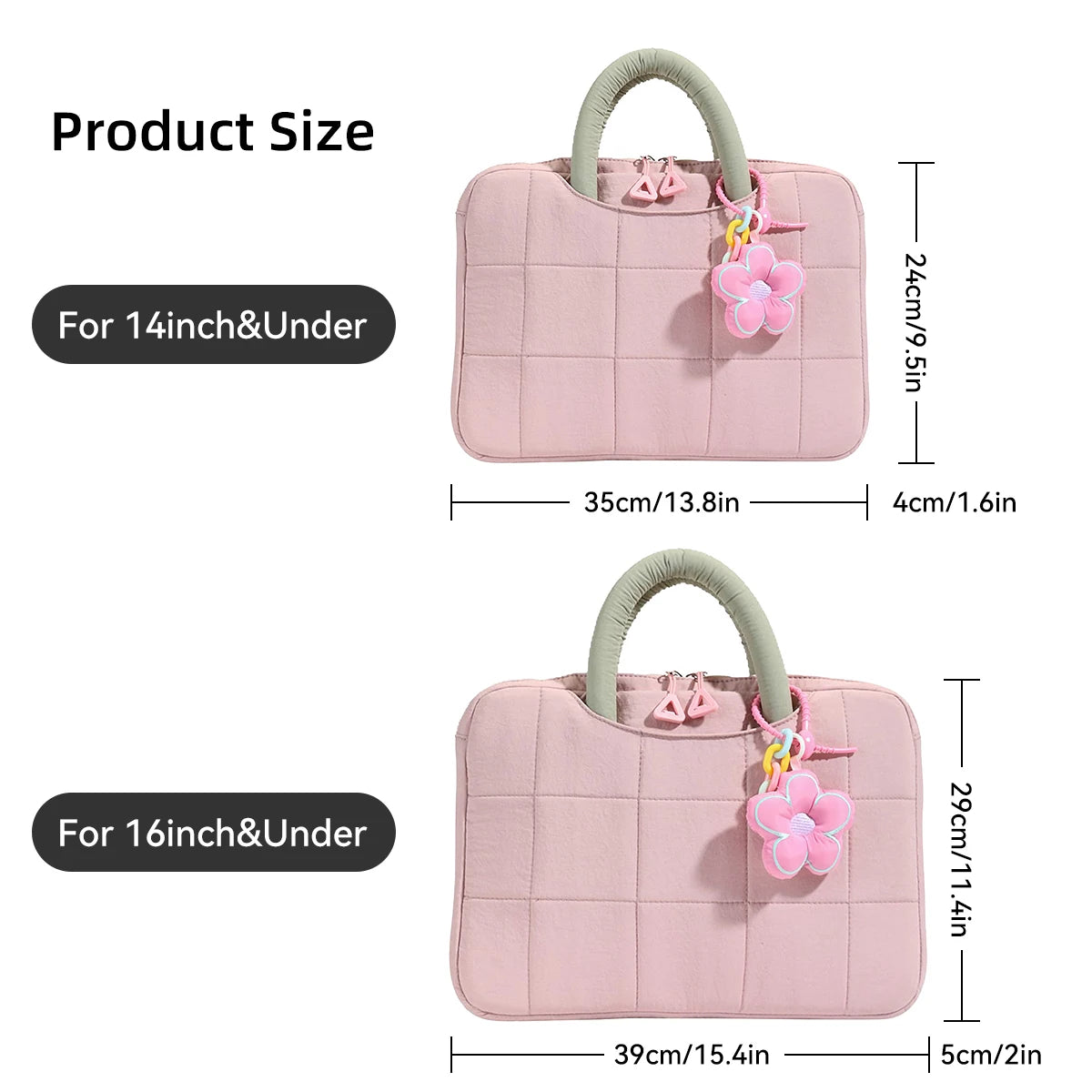 A pink quilted laptop sleeve with a green handle, shown in two sizes for 14 inch and 16 inch notebooks.