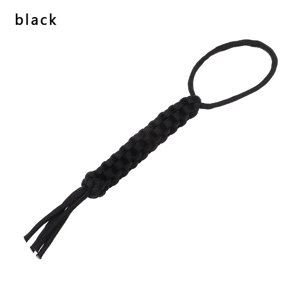 Black 7-strand paracord keychain and utility rope with a loop and tassel.
