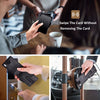 Hands swipe a card without removing it using an RFID blocking pop-up card holder wallet.